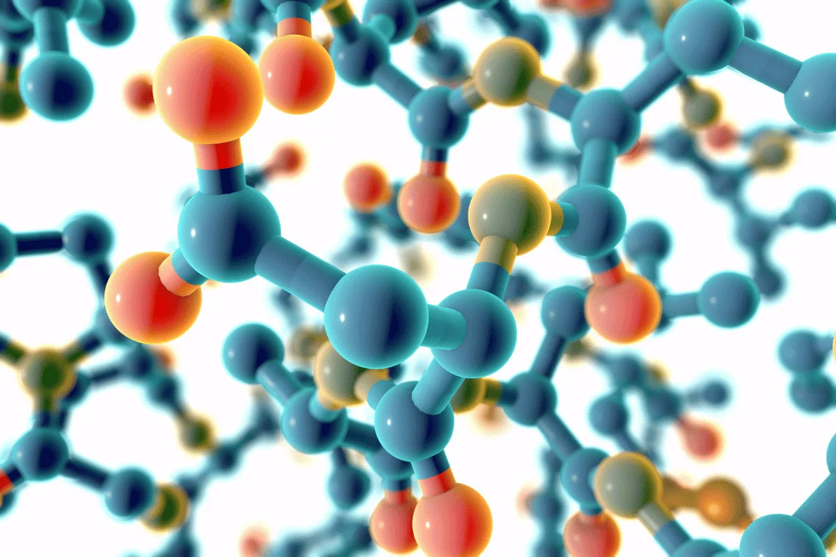 3D illustration of a colorful molecular structure with interconnected atoms and bonds.