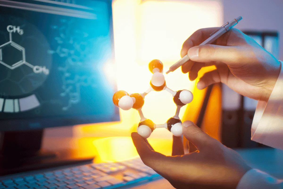 Scientist holding a molecular model near a computer displaying chemical structures.