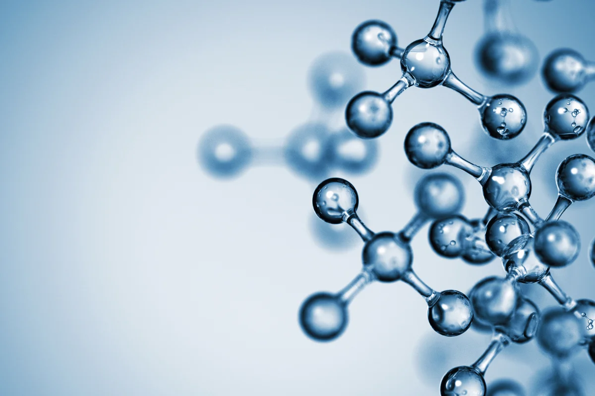 3D illustration of a blue-tinted molecular structure on a light background.