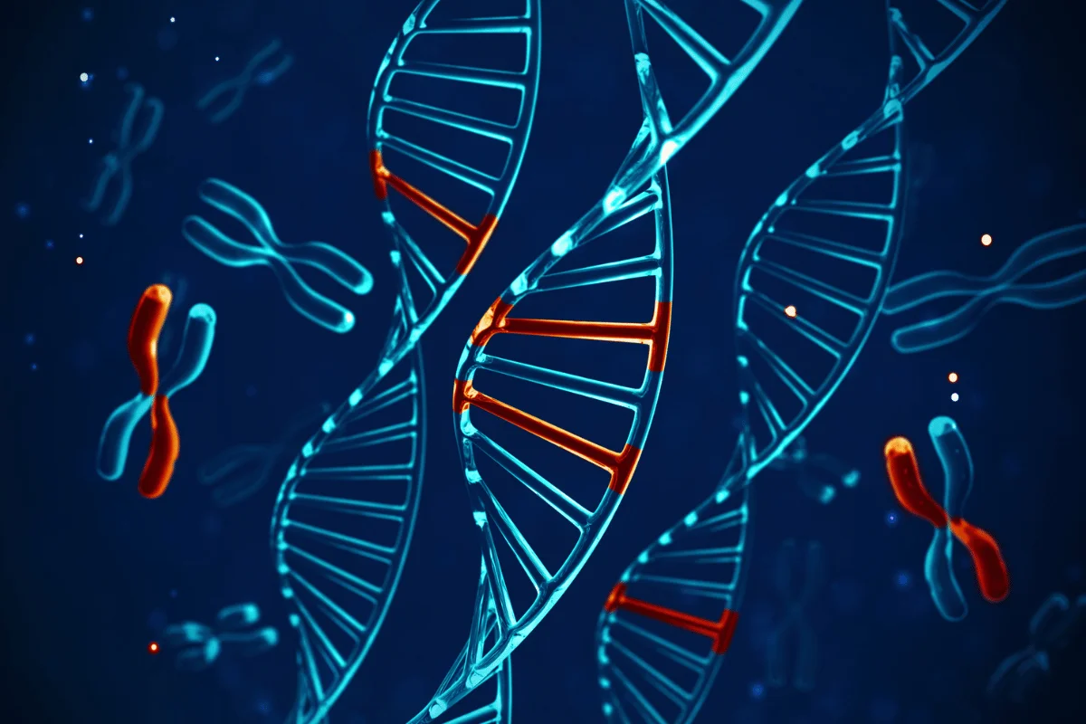 Digital 3D representation of DNA double helix with glowing strands in blue and orange.