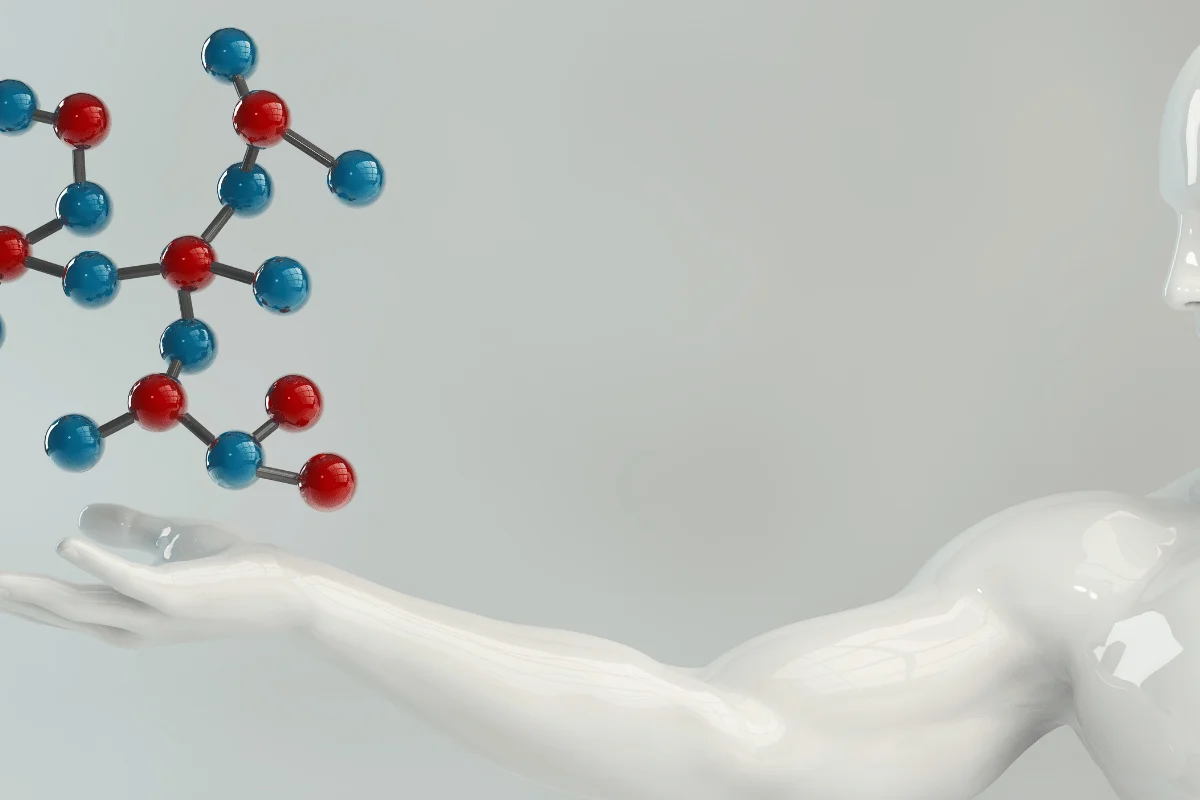 3D model of a human hand holding a molecule model.