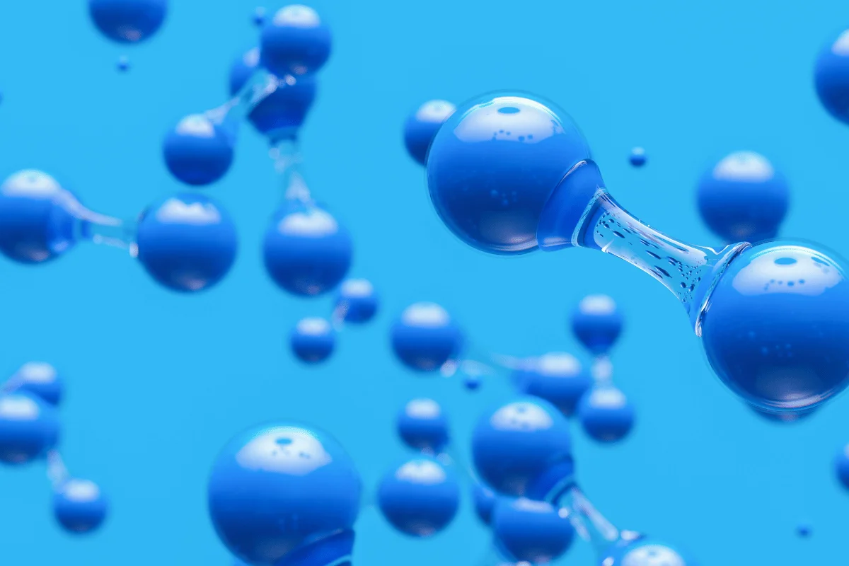 Close-up of blue molecules connected in a scientific visualization.