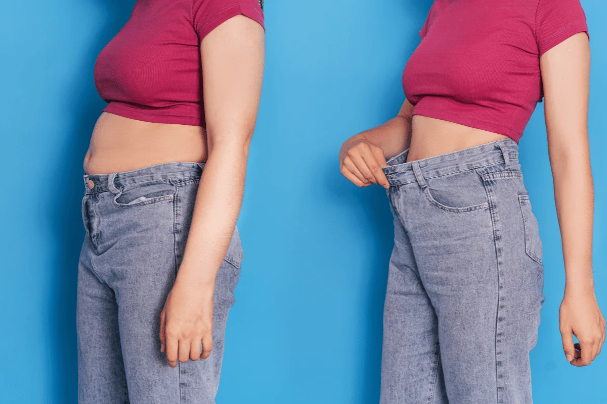 Before and after comparison of a person in jeans showing weight loss.