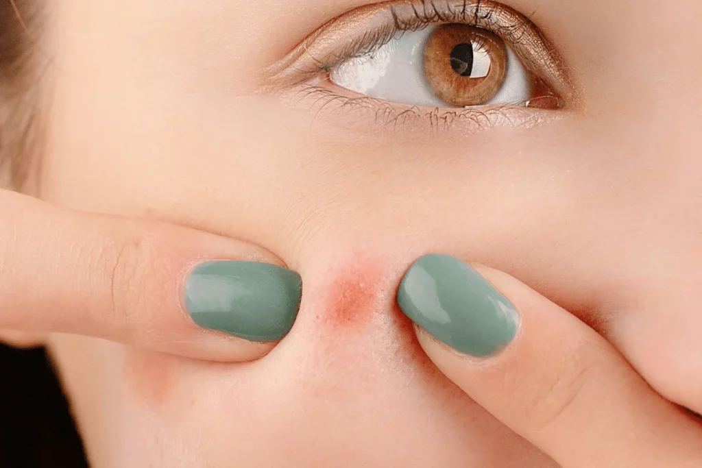 Close-up of acne breakout being popped near the cheek.