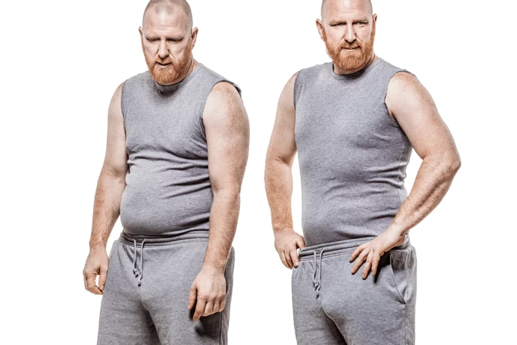 Side-by-side comparison of a man before and after weight loss, wearing a gray tank top and sweatpants.