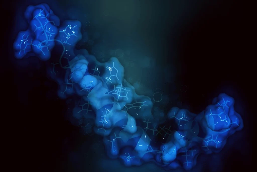 Digital visualization of a DNA helix structure glowing in blue hues.