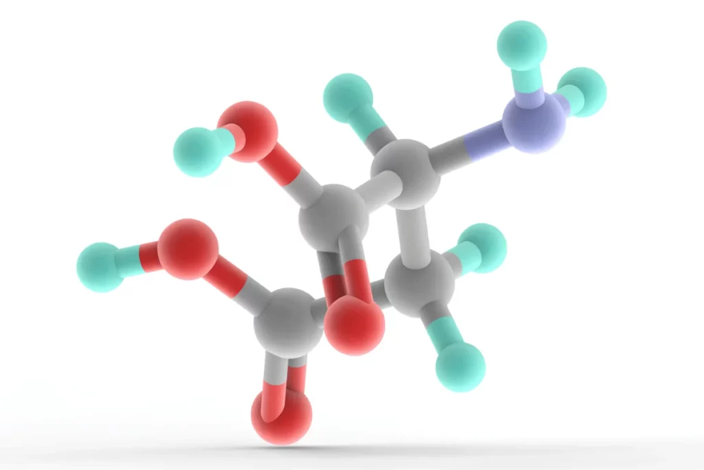 3D molecular model with colorful atoms connected by bonds on a white background.