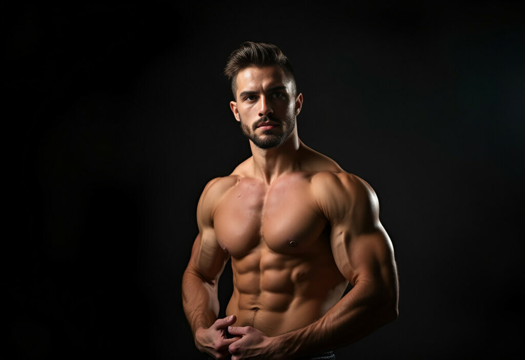 Bodybuilder posing against a dark background