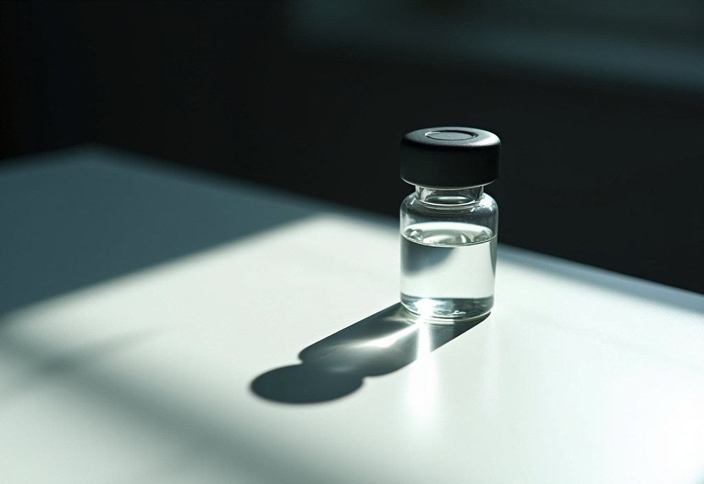 Peptide vial against a dark backdrop