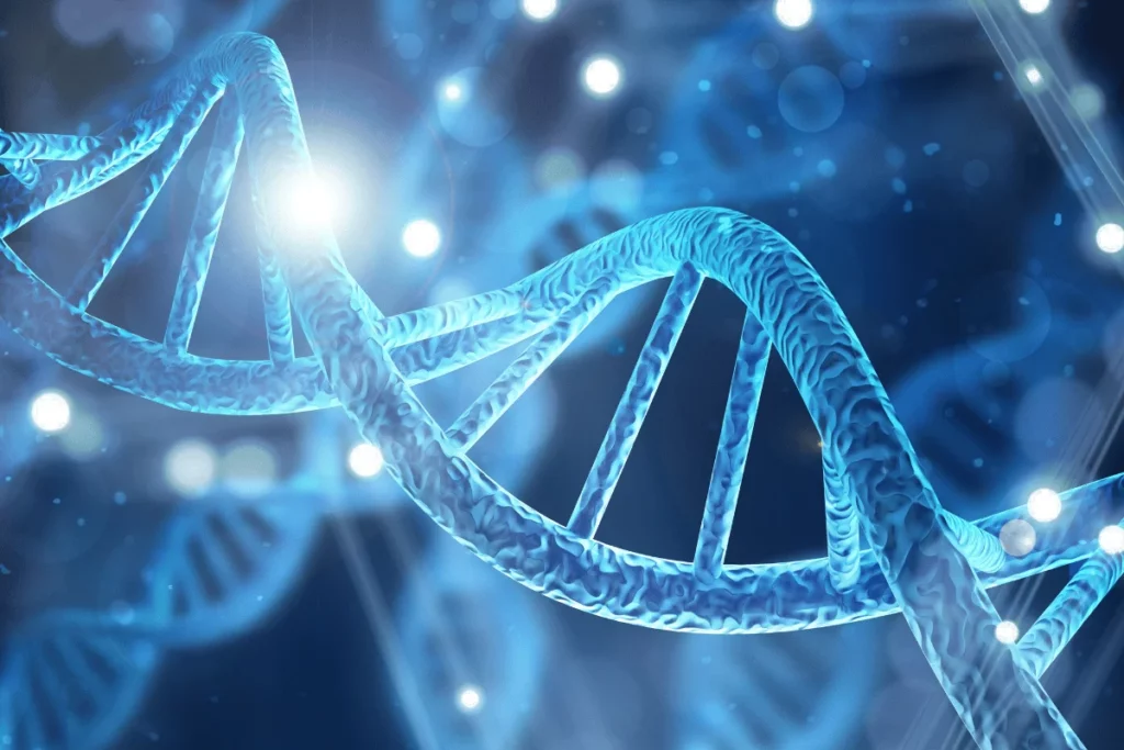 Close-up of a glowing blue DNA double helix against a dark, cosmic background with blurred lights and particles.