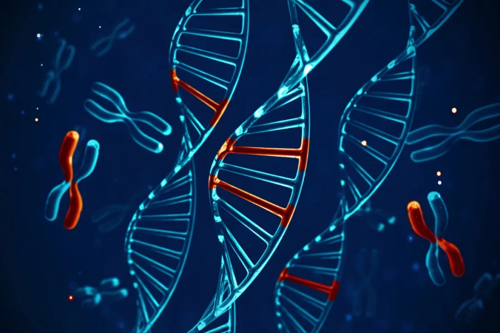 Close-up of a DNA structure, showcasing the genetic double helix in vibrant blue and orange tones.