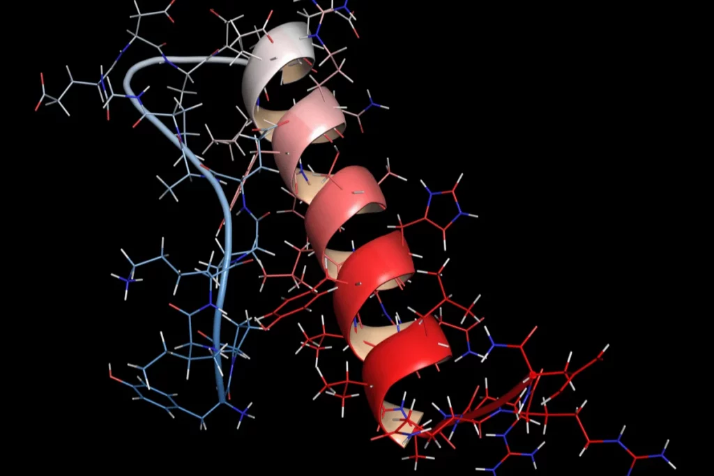 Molecular structure of a red and white alpha-helix model on a black background.