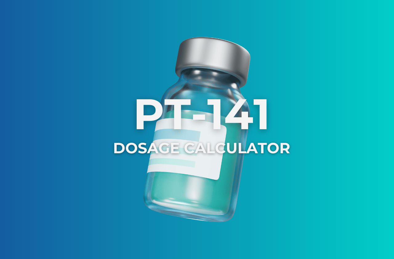 Featured image showing "PT-141 Dosage Calculator" with a 3D vial