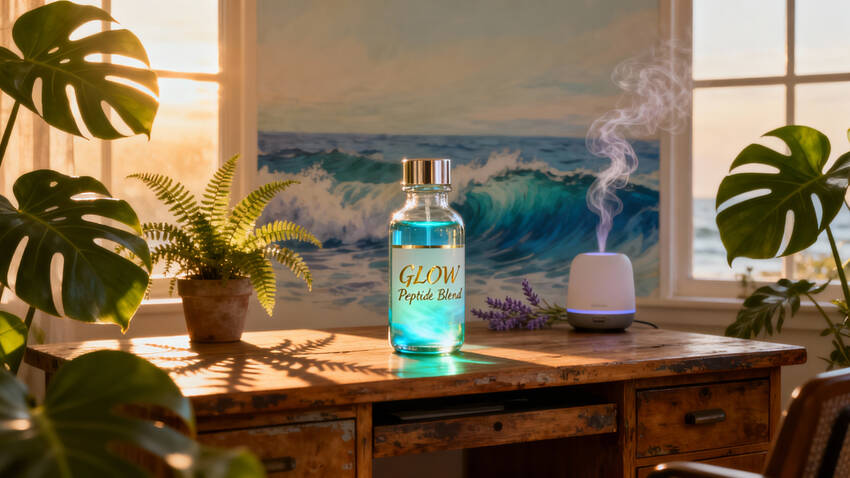 A "Glow Peptide Blend" bottle, glowing with a blue light, sits on a rustic wooden desk with a white diffuser emitting steam, potted plants, and a painting of ocean waves in the background.