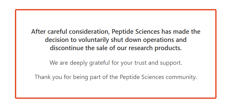 Peptide Sciences shut down notice screen capture from their website.